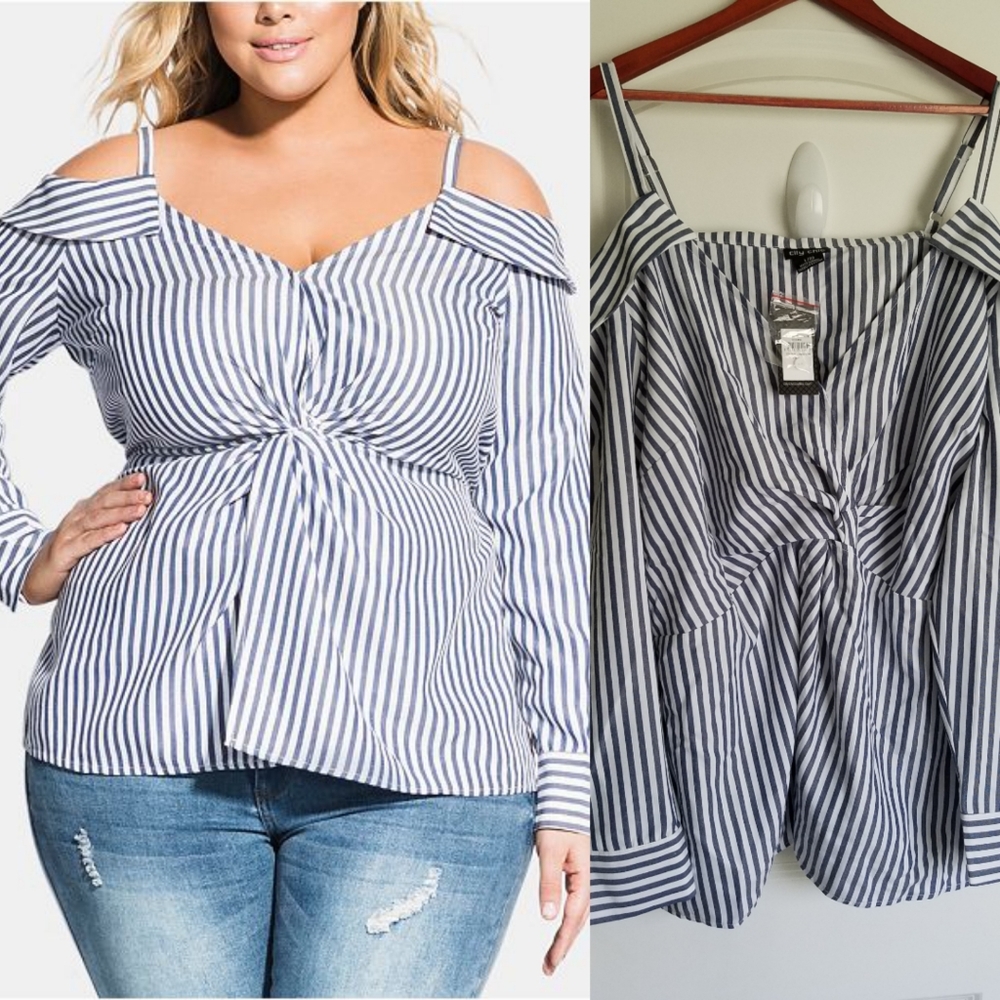 NWT City Chic Striped Chambray Cold Shoulder Shirt